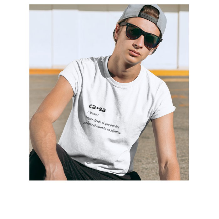 Pandemia De Valores Camiseta CASA Estampado 'Lugar desde el que puedes salvar el mundo en pijama' Unisex Algodón Orgánico Blanco Talla L