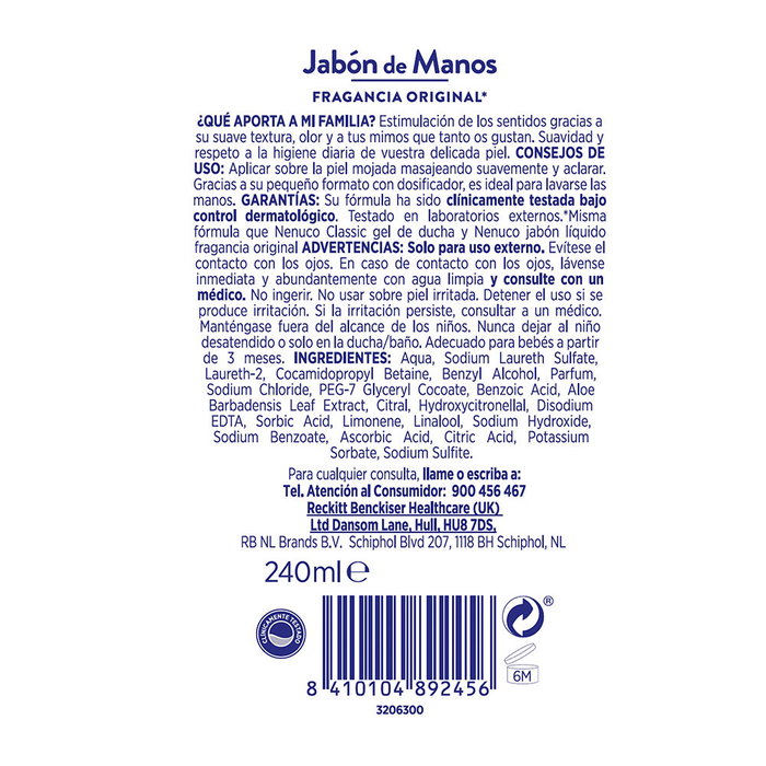 Nenuco Jabón de Manos Classic Fragancia Original con Aloe Vera Hidratante 240 ml