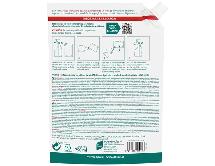 Sanytol Limpiador Desinfectante Multiusos Pulverizador 750ml Aroma Eucalipto