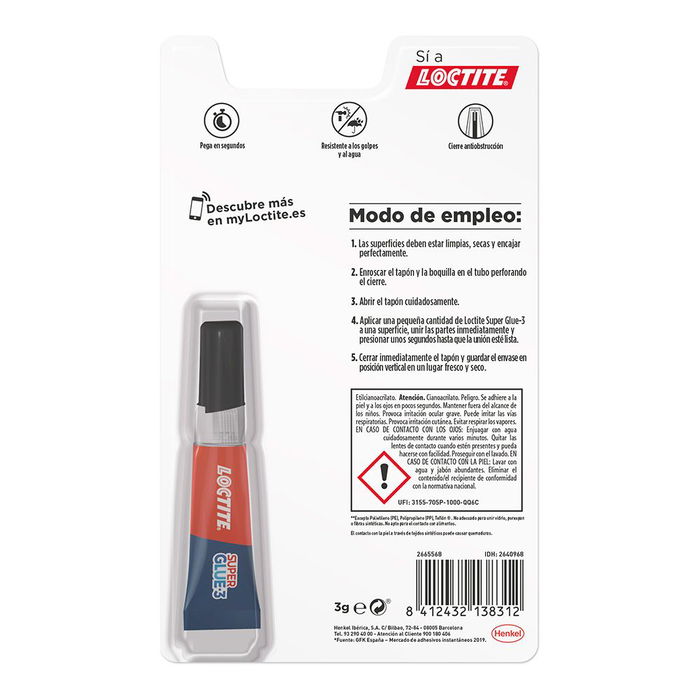 Loctite Super glue 3 original Adhesivo universal instantáneo 3g para porcelana, madera, plástico, metal, goma, cuero y mármol