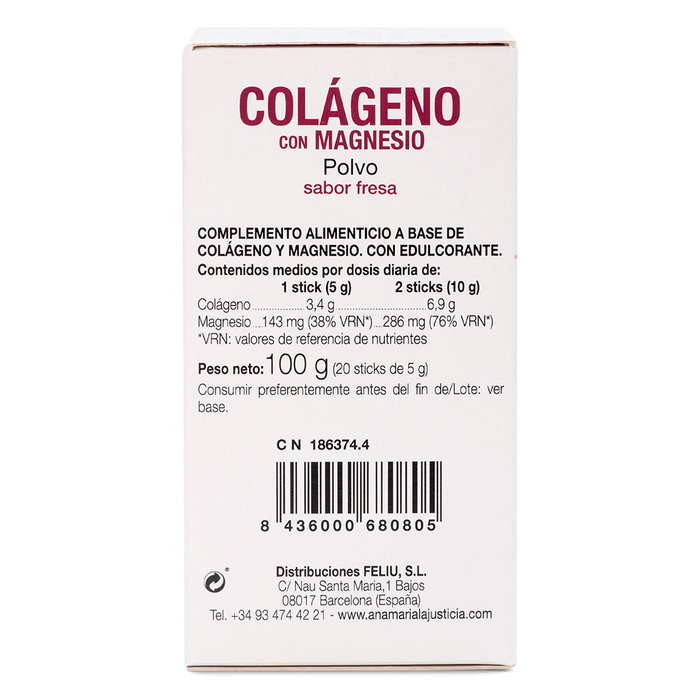 ANA MARIA LAJUSTICIA Colágeno con Magnesio sabor fresa 20 sticks ANA MARIA LAJUSTICIA Colágeno con Magnesio sabor fresa 20 sticks