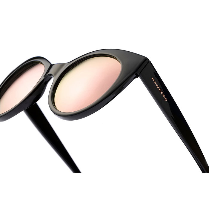 Hawkers Gafas de Sol DIVINE #black rose gold para Mujer, Estilo Vintage Cat-Eye Redondas, Negro con Lentes Rosa Dorado, Categoría 3, Protección UV400