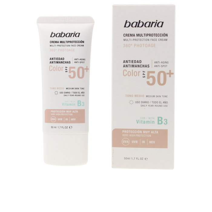 Babaria Crema Facial Solar MULTIPROTECCION Antimanchas con Color SPF50+ - Protector Solar con Vitamina B3, 50 ml