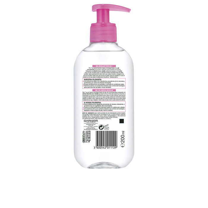 Garnier SKINACTIVE Gel Micelar Limpiador Facial Todo en 1 para Todo Tipo de Pieles, 200 ml, Sin Perfumes y Sin Parabenos