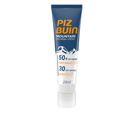 Piz Buin MOUNTAIN SPF50+ Suncream Crema Solar Facial + Lipstick, Todo en Uno, 20 ml, Protección Deportes de Invierno, Resistente Agua Sudor