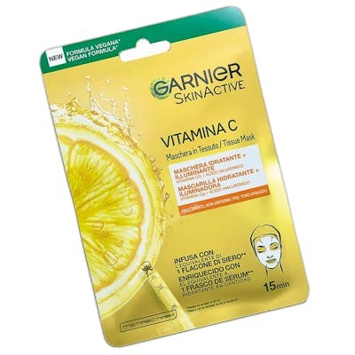 Garnier Tissue Mask Vitamina C y Ácido Hialurónico Mascarilla Facial de Tejido Hidratante e Iluminadora para Piel Sensible - 1 unidad Garnier Tissue Mask Vitamina C y Ácido Hialurónico Mascarilla Facial de Tejido Hidratante e Iluminadora para Piel Sensible - 1 unidad