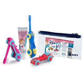 Kin Cepillo Dental Infantil Viaje Coche Lote 3 pz para Niños de 1 a 6 años con Neceser y Pasta Dental 25 ml