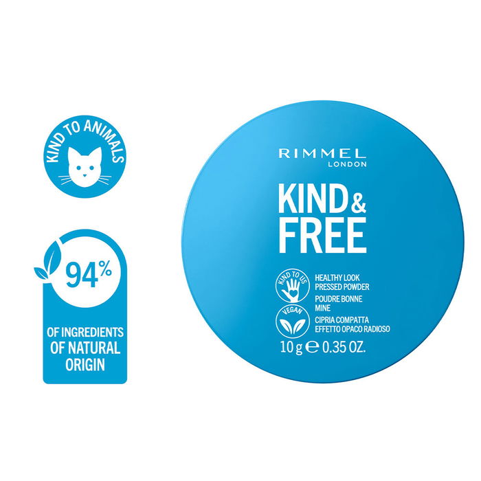 Rimmel London KIND & FREE powder #40-tan, Polvo Compacto Vegano con 94% de Ingredientes de Origen Natural, Acabado Mate y Duradero, 10g