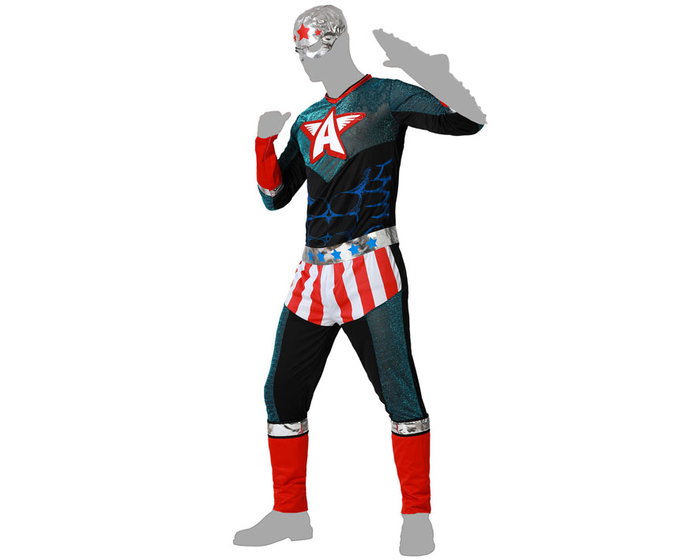 Disfraz Adulto Superhéroe de Cómic Americano - 8 Piezas (Máscara, Camiseta, Pantalón, Brazaletes) para Hombre Tallas M-L