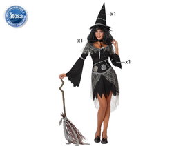 Disfraz de Bruja Halloween Adulto Mujer Telaraña - Negro (Talla M-L) - Incluye Vestido, Sombrero y Collar