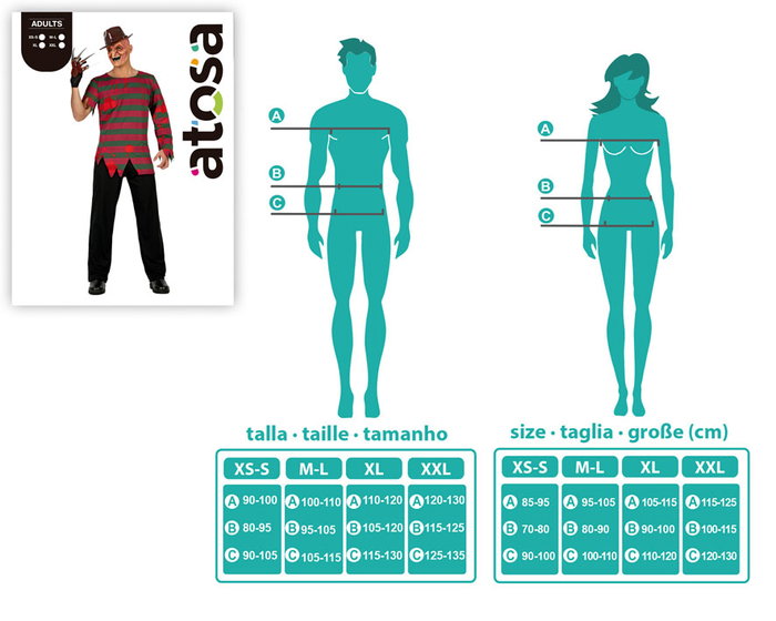 Disfraz Hombre Adulto de Freddy Krueger / Asesino de Pesadillas para Halloween - Camiseta y Pantalón - Talla XS-S
