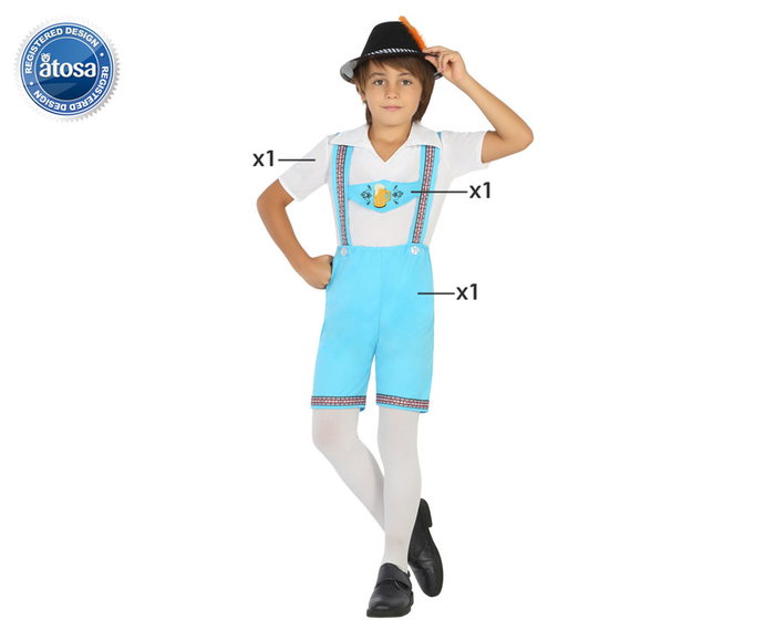 FiestaKids Disfraz Niño Alemán Carnaval Fiesta Mundo - Conjunto Camisa, Tirantes y Pantalón Corto Celeste Talla 5-6 Años