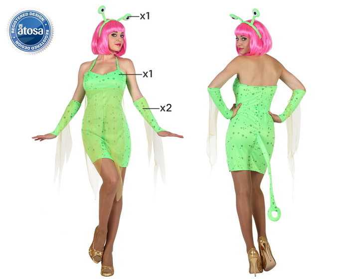 Disfraz Alien Adulto Carnaval Halloween, Mujer, Con Vestido, Tocado, Mangas y Cola, Talla M-L, Verde, de Poliéster, Ideal para Fiestas y Eventos