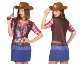 Camiseta de Disfraz Vaquera Mujer Lejano Oeste Marrón con Estampado 3D