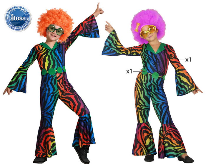 Disfraz de Mono Disco Zebra Años 70 para Niña - Conjunto de 2 Piezas (Mono y Cinturón), Talla 3-4 Años, Multicolor Disfraz de Mono Disco Zebra Años 70 para Niña - Conjunto de 2 Piezas (Mono y Cinturón), Talla 3-4 Años, Multicolor