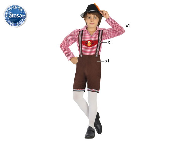 Atosa Disfraz Alemán Niño Octoberfest de Terciopelo Marrón - Traje 3 Piezas (Pantalón, Camisa, Tirantes) para Edad 7-9 Años