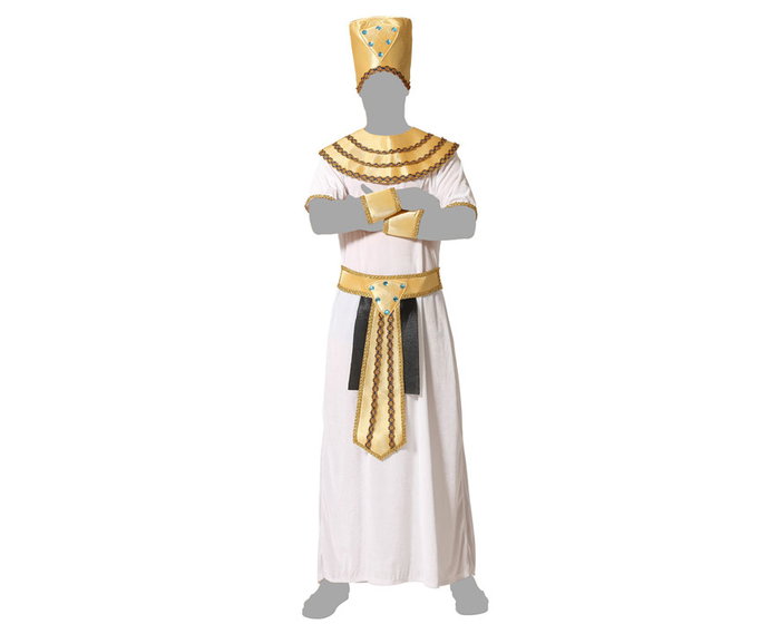 Disfraz de Faraón Egipcio para Hombre Adulto - Conjunto de 6 Piezas (Tocado, Túnica, Brazaletes, Cinturón) Color Blanco, Tallas XS-S, Poliéster