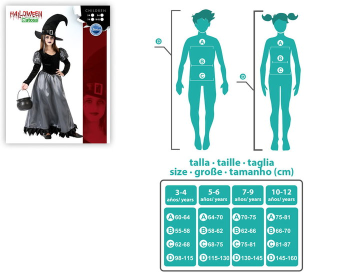 Otros Disfraz de Bruja Infantil para Niña 10-12 Años - Vestido y Sombrero de Punto Gris y Negro