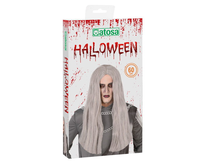 Peluca Halloween Bruja Gris Largo 60 cm - Adulto, Cabello Liso, Aire Fantasmal