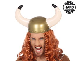 Casco Vikingo Dorado Con Cuernos Grandes De Pvc Para Disfraz Nórdico
