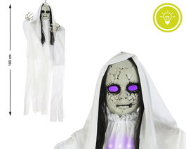 Fantasma Colgante Blanco Con Ojos Luminosos 100x70 cm Decoracion Halloween