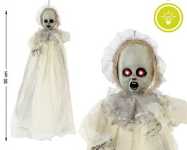 Colgante Decorativo Figura Niña Fantasma 90 cm con Ojos LED Azules Luminosos para Decoración Halloween, Eventos y Escaparates Terroríficos