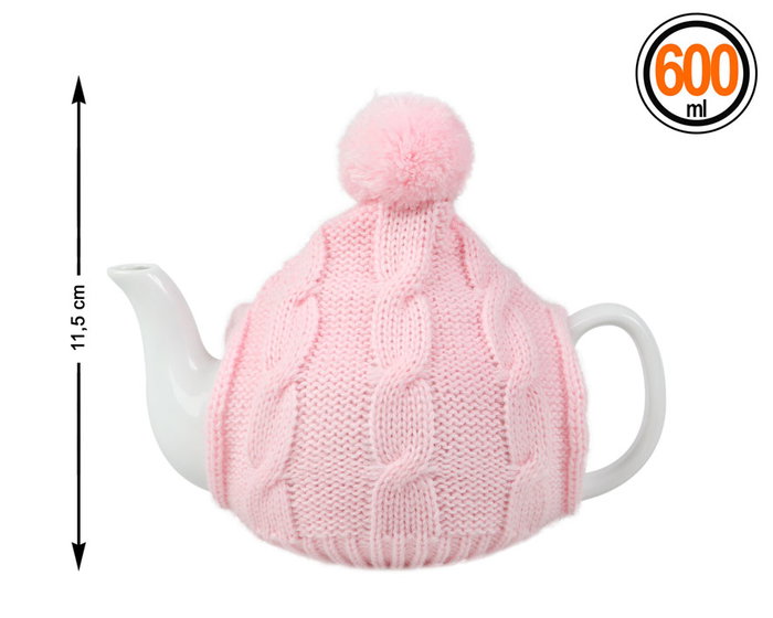 Decoración Tetera de Cerámica con Funda de Ganchillo Crochet Rosa y Pompón, Cubre Tetera, Capacidad 600 mL