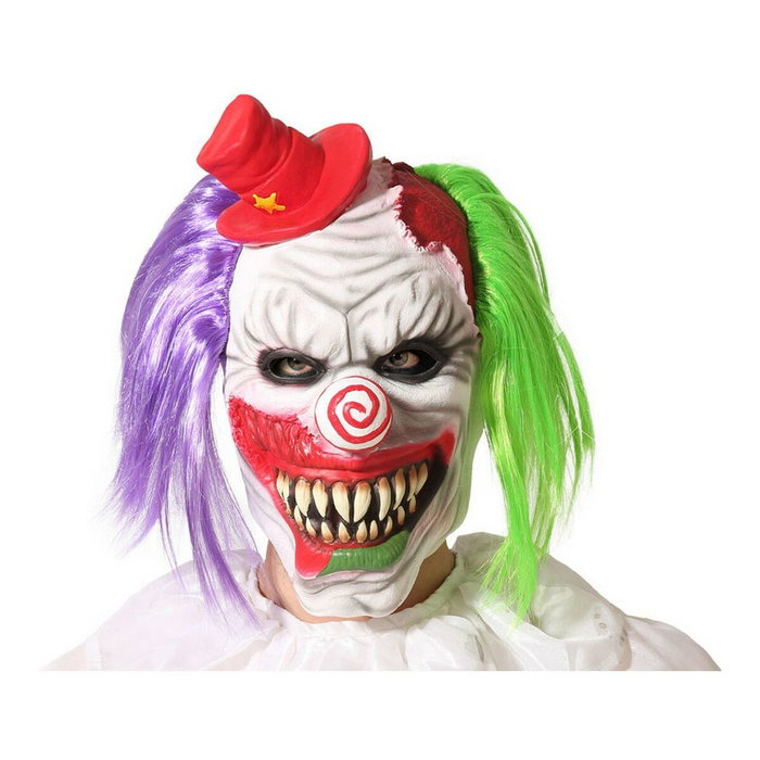 Máscara Payaso con Pelo Verde y Violeta y Sombrero Rojo