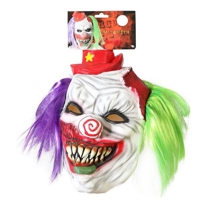 Máscara Payaso con Pelo Verde y Violeta y Sombrero Rojo