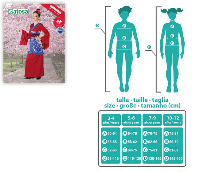 Atosa Disfraz China Niña Infantil Kimono Rojo Burdeos con Flores de Cerezo Talla 7-9 Años