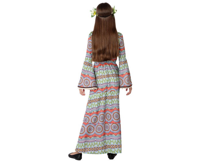 Disfraz Hippie para Niña 5-6 Años - Vestido Multicolor con Estampado Psicodélico y Flecos