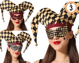 Máscara Veneciana Damero Antifaz para Carnaval con Gorro Cascabeles, 3 Modelos Diseño Bufón