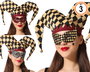 Máscara Veneciana Damero Antifaz para Carnaval con Gorro Cascabeles, 3 Modelos Diseño Bufón