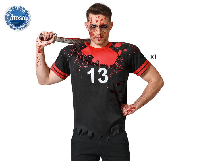 Disfraz Camiseta de Jugador de Rugby Sangriento para Hombre Adulto - Disfraz de Camiseta Negra con Manchas de Sangre y Dorsal, Tallas M-L