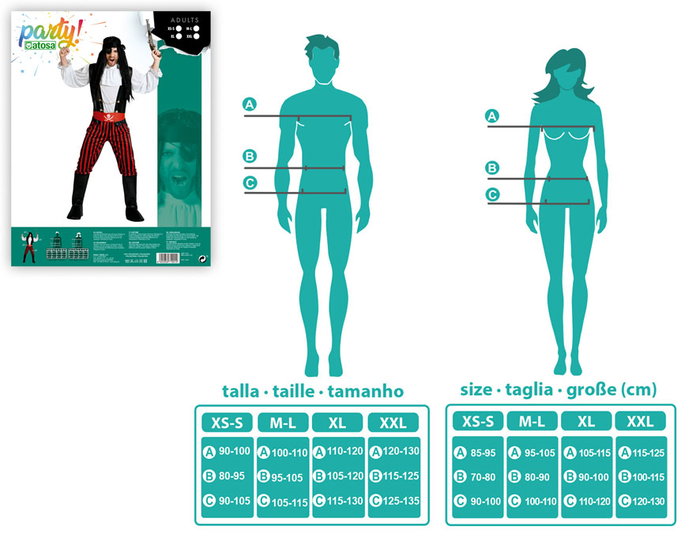 Disfraz Pirata Hombre Adulto Rayas Talla XS-S para Carnaval