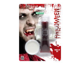 Kit Maquillaje Halloween Dentadura Vampiro con Sangre Falsa y Maquillaje Facial Blanco