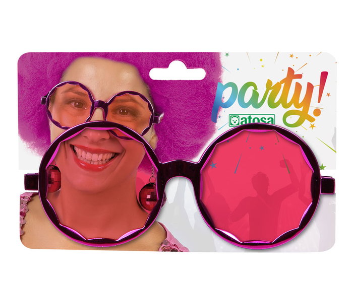 Gafas de Carnaval Redondas Fucsia para Mujer Adulto con Bolas Colgantes para Disfraces, Fiestas y Looks Años 80