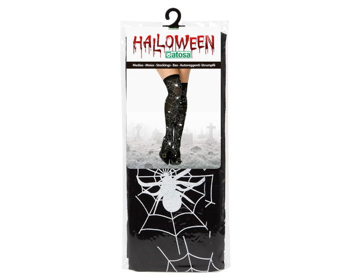 Medias Negras Altas Con Telarañas Blancas Para Mujer Halloween