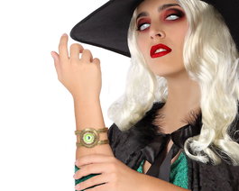 Pulsera de Halloween Ojo Maldito Dorada - Accesorio para Disfraz de Bruja, Vidente o Maga Oscura - Color Verde