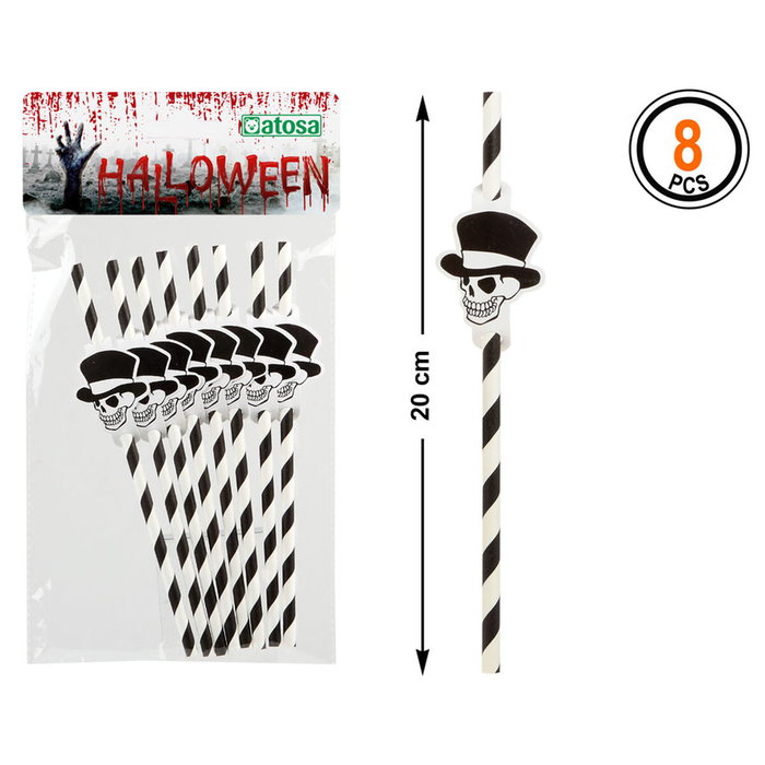 Atosa Set de 8 Pajitas de Plástico Temática Halloween Calavera Blanco y Negro