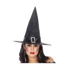 Sombrero de Bruja Alto Negro con Hebilla Brillante para Halloween