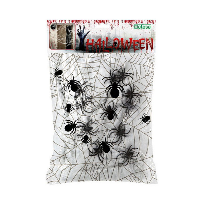 Atosa Telaraña Decorativa para Halloween - Blanco con Arañas Negras (200g) inevitable para decoración de fiestas, puertas y ventanas Atosa Telaraña Decorativa para Halloween - Blanco con Arañas Negras (200g) inevitable para decoración de fiestas, puertas y ventanas