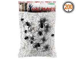 Telaraña Decorativa para Halloween - Blanco con Arañas Negras - Paquete de 200g para Decoración de Fiestas, Puertas y Ventanas