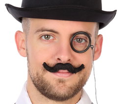 Atosa Monóculo Negro con Bigote Adhesivo para Caballero Victoriano, Accesorio de Época para Adultos