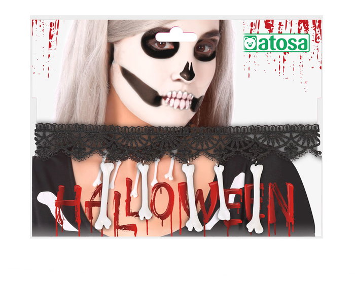 Atosa Collar de Disfraz Calavera con Encaje Negro y Huesos Colgantes