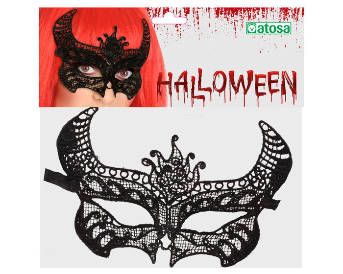 Antifaz Negro Con Cuernos De Demonia En Encaje Para Disfraz De Bruja Halloween Accesorio Adulto Polyester