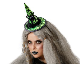 Diadema Sombrero Bruja Verde con Telaraña para Disfraz de Halloween o Carnaval