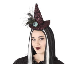 Sombrero Diadema de Bruja Granate con Textura Floral y Plumas - Complemento para Disfraz, Halloween, Fotos y Espectáculos