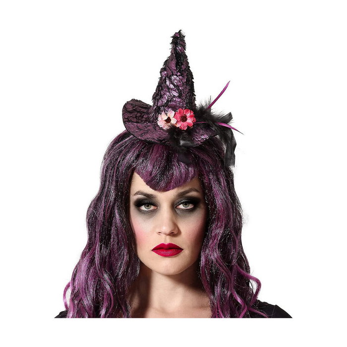 Atosa Diadema de Sombrero de Bruja Morado con Flores y Plumas