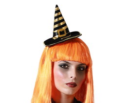 Diadema Sombrero Bruja Naranja Dorado con Hebilla y Ribete Brillante para Fiestas de Disfraces y Carnaval